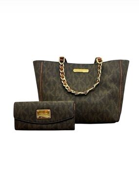 Michael Kors Brown Tote & Wallet Set Hudson brown black all over signature print